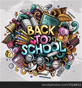 Cartoon cute doodles Back to School phrase. Colorful illustration. Background with lots of separate objects. Funny vector artwork. Cartoon cute doodles Back to School phrase. Colorful illustration