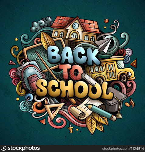 Cartoon cute doodles Back to School phrase. Colorful illustration. Background with lots of separate objects. Funny vector artwork. Cartoon cute doodles Back to School phrase. Colorful illustration