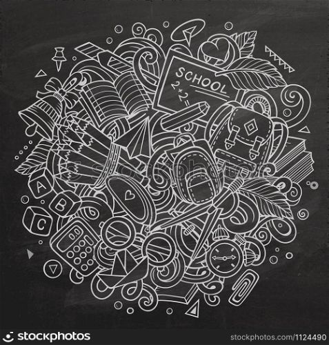 Cartoon cute doodles Back to School sketchy illustration. Chalkboard background with lots of separate objects. Funny vector artwork. Cartoon cute doodles Back to School illustration