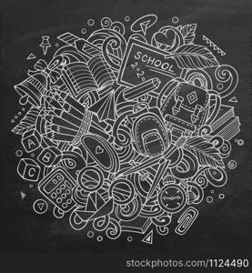 Cartoon cute doodles Back to School sketchy illustration. Chalkboard background with lots of separate objects. Funny vector artwork. Cartoon cute doodles Back to School illustration