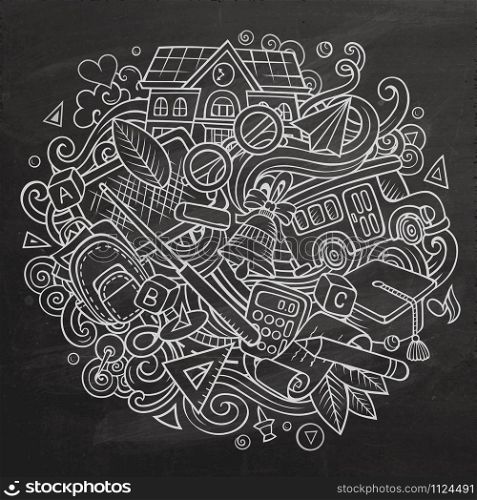 Cartoon cute doodles Back to School sketchy illustration. Chalkboard background with lots of separate objects. Funny vector artwork. Cartoon cute doodles Back to School illustration