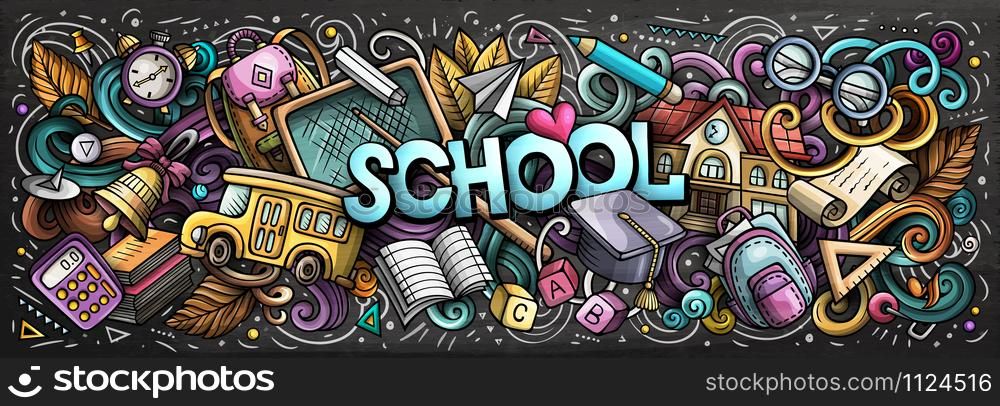 Cartoon cute doodles Back to School word. Colorful chalkboard horizontal illustration. Background with lots of separate objects. Funny vector artwork. Cartoon cute doodles School word. Colorful illustration