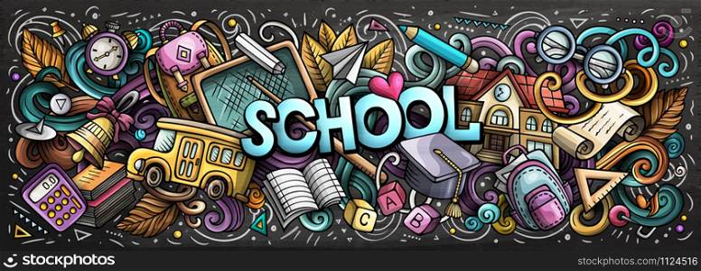 Cartoon cute doodles Back to School word. Colorful chalkboard horizontal illustration. Background with lots of separate objects. Funny vector artwork. Cartoon cute doodles School word. Colorful illustration