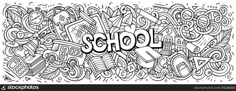Cartoon cute doodles Back to School word. Colorful horizontal illustration. Background with lots of separate objects. Funny vector artwork. Cartoon cute doodles School word. Colorful illustration