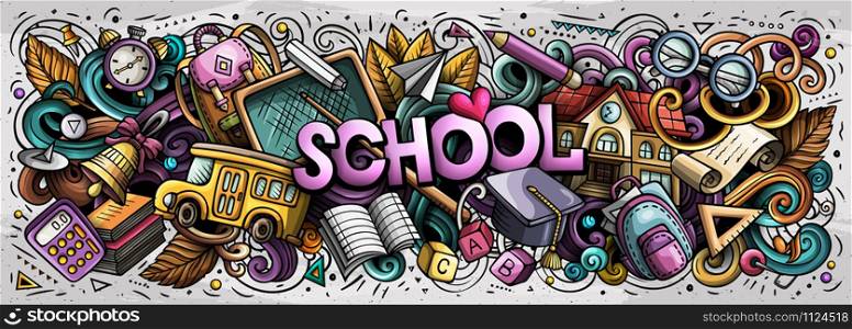 Cartoon cute doodles Back to School word. Colorful horizontal illustration. Background with lots of separate objects. Funny vector artwork. Cartoon cute doodles School word. Colorful illustration