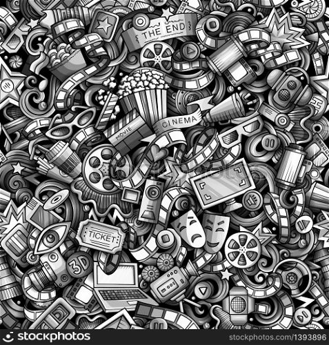Cartoon cute doodles Cinema seamless pattern. CMonochrome illustration with lots of objects. All items separated. Background with movie symbols and elements. Cartoon cute doodles Cinema seamless pattern