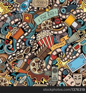 Cartoon cute doodles Cinema seamless pattern. Colorful illustration with lots of objects. All items separated. Background with movie symbols and elements. Cartoon cute doodles Cinema seamless pattern