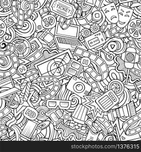 Cartoon cute doodles Cinema seamless pattern. Line art illustration with lots of objects. All items separated. Background with movie symbols and elements. Cartoon cute doodles Cinema seamless pattern