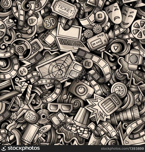 Cartoon cute doodles Cinema seamless pattern. Toned illustration with lots of objects. All items separated. Background with movie symbols and elements. Cartoon cute doodles Cinema seamless pattern