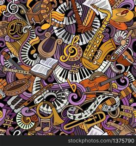 Cartoon cute doodles Classical music seamless pattern. Colorful detailed, with lots of objects background. All elements separate. Backdrop with musical instruments objects. Cartoon cute doodles Classical music seamless pattern