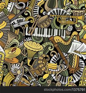 Cartoon cute doodles Classical music seamless pattern. Colorful detailed, with lots of objects background. All elements separate. Backdrop with musical instruments objects. Cartoon cute doodles Classical music seamless pattern