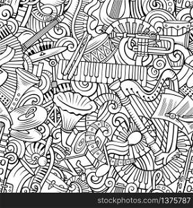 Cartoon cute doodles Classical music seamless pattern. Line art, detailed, with lots of objects background. All elements separate. Backdrop with musical instruments objects. Cartoon cute doodles Classical music seamless pattern