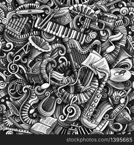 Cartoon cute doodles Classical music seamless pattern. Monochrome detailed, with lots of objects background. All elements separate. Backdrop with musical instruments objects. Cartoon cute doodles Classical music seamless pattern