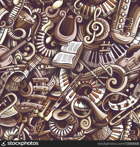 Cartoon cute doodles Classical music seamless pattern. Monochrome detailed, with lots of objects background. All elements separate. Backdrop with musical instruments objects. Cartoon cute doodles Classical music seamless pattern