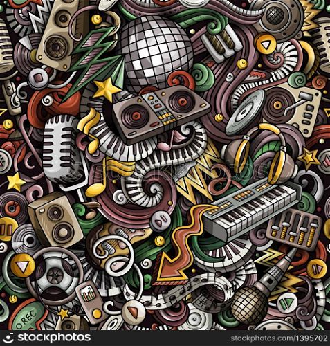 Cartoon cute doodles Disco music seamless pattern. Colorful detailed, with lots of objects background. All elements separate. Backdrop with musical objects