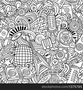 Cartoon cute doodles Disco music seamless pattern. Line art, detailed, with lots of objects background. All elements separate. Backdrop with musical objects. Cartoon cute doodles Disco music seamless pattern