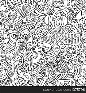 Cartoon cute doodles Disco music seamless pattern. Line art, detailed, with lots of objects background. All elements separate. Backdrop with musical objects. Cartoon cute doodles Disco music seamless pattern