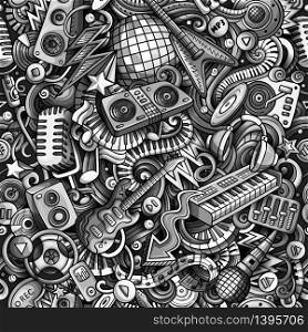 Cartoon cute doodles Disco music seamless pattern. Monochrome detailed, with lots of objects background. All elements separate. Backdrop with musical objects. Cartoon cute doodles Disco music seamless pattern