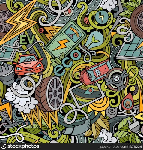 Cartoon cute doodles Electric vehicle seamless pattern. Colorful detailed, with lots of objects background. All objects separate. Backdrop with eco cars symbols and items. Cartoon cute doodles hand drawn Electric vehicle seamless pattern