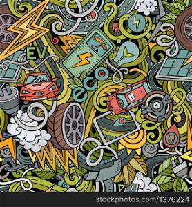 Cartoon cute doodles Electric vehicle seamless pattern. Colorful detailed, with lots of objects background. All objects separate. Backdrop with eco cars symbols and items. Cartoon cute doodles hand drawn Electric vehicle seamless pattern