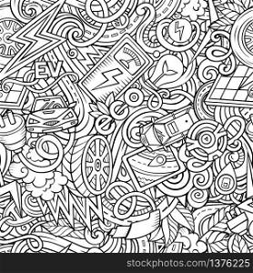 Cartoon cute doodles Electric vehicle seamless pattern. Line art detailed, with lots of objects background. All objects separate. Backdrop with eco cars symbols and items. Cartoon cute doodles hand drawn Electric vehicle seamless pattern