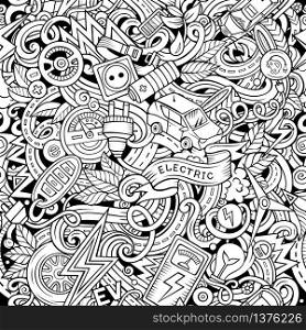 Cartoon cute doodles Electric vehicle seamless pattern. Line art detailed, with lots of objects background. All objects separate. Backdrop with eco cars symbols and items. Cartoon cute doodles hand drawn Electric vehicle seamless pattern