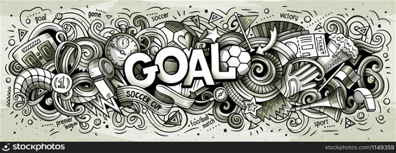 Cartoon cute doodles Goal word. Toned horizontal illustration. Background with lots of separate objects. Funny vector artwork. Cartoon cute doodles Goal word. Toned horizontal illustration.