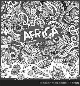 Cartoon cute doodles hand drawn Africa frame design. Line art detailed, with lots of objects background. Funny vector illustration. Sketch border with african items. Cartoon cute doodles Africa frame