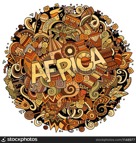 Cartoon cute doodles hand drawn Africa inscription. Illustration with african theme items. Colorful detailed, with lots of objects background. Funny vector artwork. Cartoon cute doodles hand drawn african illustration.