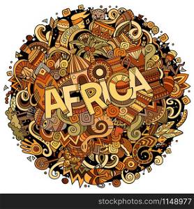 Cartoon cute doodles hand drawn Africa inscription. Illustration with african theme items. Colorful detailed, with lots of objects background. Funny vector artwork. Cartoon cute doodles hand drawn african illustration.