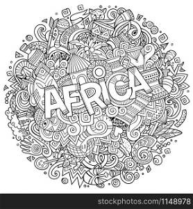 Cartoon cute doodles hand drawn Africa inscription. Illustration with african theme items. Sketchy detailed, with lots of objects background. Funny vector artwork. Cartoon cute doodles hand drawn african illustration.