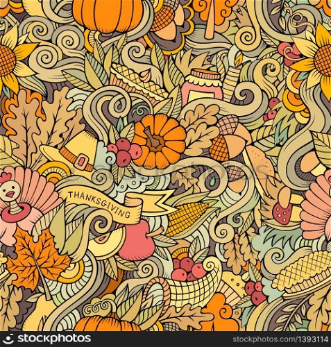 Cartoon cute doodles hand drawn Africa seamless pattern. Colorful detailed, with lots of objects background. Endless funny vector illustration. Bright colors backdrop with holiday symbols and items. Cartoon cute doodles hand drawn Thanksgiving seamless pattern
