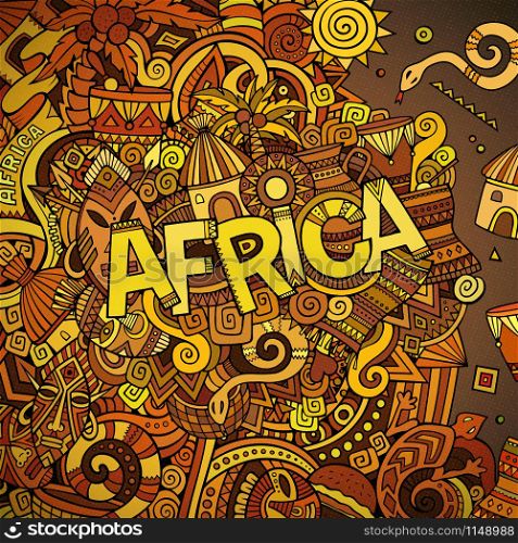 Cartoon cute doodles hand drawn african illustration. Colorful picture with doodle inscription Africa. Cartoon cute doodles hand drawn african illustration.