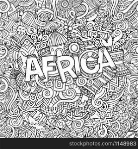 Cartoon cute doodles hand drawn african illustration. Sketchy picture with doodle inscription Africa. Cartoon cute doodles hand drawn african illustration