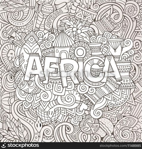 Cartoon cute doodles hand drawn african illustration. Sketchy picture with doodle inscription Africa. Cartoon cute doodles hand drawn african illustration.