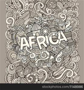 Cartoon cute doodles hand drawn african illustration. Sketchy picture with doodle inscription Africa. Cartoon cute doodles hand drawn african illustration.
