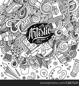 Cartoon cute doodles hand drawn art frame concept. Line art detailed, with lots of objects background. Funny vector illustration. Sketchy border with artistic theme items. Cartoon cute Art doodles hand drawn frame