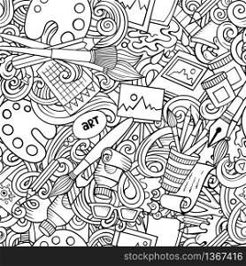 Cartoon cute doodles hand drawn Artist seamless pattern. Line art detailed, with lots of objects background. Endless funny vector art illustration. All objects separate.. Cartoon cute doodles hand drawn Artist seamless pattern