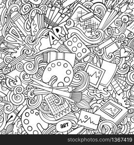 Cartoon cute doodles hand drawn Artist seamless pattern. Line art detailed, with lots of objects background. Endless funny vector art illustration. All objects separate.. Cartoon cute doodles hand drawn Artist seamless pattern