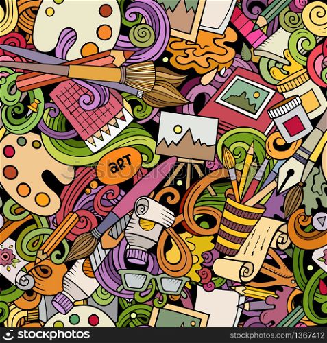 Cartoon cute doodles hand drawn Artist seamless pattern. Colorful detailed, with lots of objects background. Endless funny vector art illustration. All objects separate.. Cartoon cute doodles hand drawn Artist seamless pattern