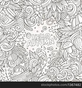 Cartoon cute doodles hand drawn Autumn frame design. Line art detailed, with lots of objects background. Funny vector illustration. Sketchy border with fall theme items. Cartoon cute doodles hand drawn Autumn frame design