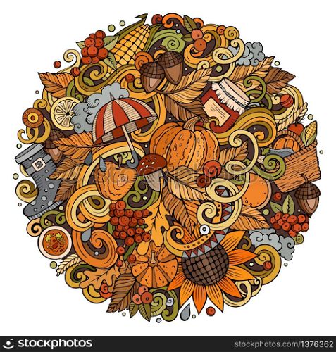 Cartoon cute doodles hand drawn autumn illustration. Colorful detailed, with lots of objects background. Funny vector artwork. Bright colors picture with fall season theme items. Cartoon cute doodles hand drawn autumn round illustration
