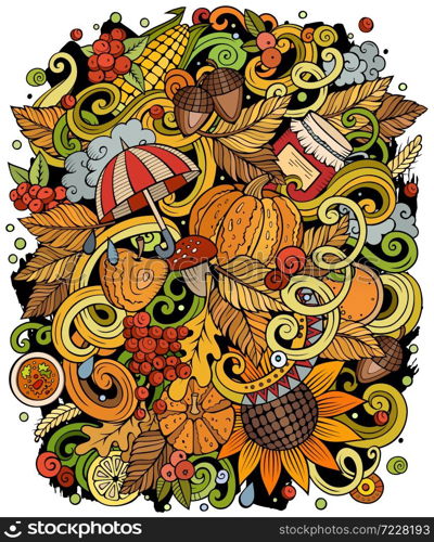 Cartoon cute doodles hand drawn autumn illustration. Colorful detailed, with lots of objects background. Funny vector artwork. Bright colors picture with fall season theme items. Cartoon cute doodles hand drawn autumn illustration