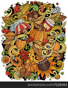 Cartoon cute doodles hand drawn autumn illustration. Colorful detailed, with lots of objects background. Funny vector artwork. Bright colors picture with fall season theme items. Cartoon cute doodles hand drawn autumn illustration