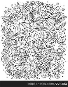 Cartoon cute doodles hand drawn autumn illustration. Line art detailed, with lots of objects background. Funny vector artwork. Sketchy picture with fall season theme items. Cartoon cute doodles hand drawn autumn illustration
