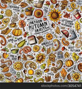 Cartoon cute doodles hand drawn Autumn illustration with lots of objects . Funny vector artwork. Cartoon cute doodles hand drawn Autumn illustration with lots of objects
