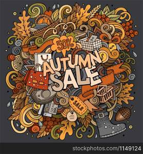 Cartoon cute doodles hand drawn Autumn sale inscription. Bright colors illustration with shopping theme items. Colorful detailed, with lots of objects background. Funny vector artwork. Cartoon cute doodles hand drawn Autumn sale inscription