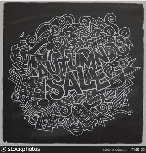 Cartoon cute doodles hand drawn Autumn sale inscription. Chalkboard illustration with shopping theme items. Line art detailed, with lots of objects background. Funny vector artwork. Cartoon cute doodles hand drawn Autumn sale inscription
