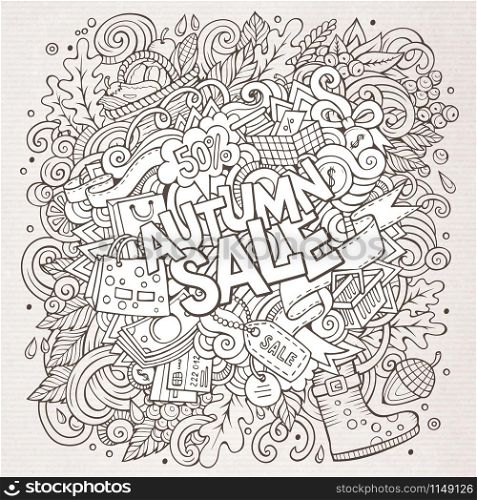 Cartoon cute doodles hand drawn Autumn sale inscription. Sketchy illustration with shopping theme items. Line art detailed, with lots of objects background. Funny vector artwork. Cartoon cute doodles hand drawn Autumn sale inscription