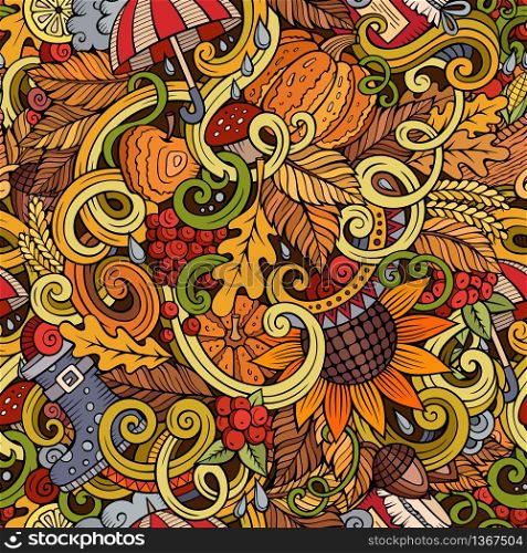 Cartoon cute doodles hand drawn autumn seamless pattern. Colorful detailed, with lots of objects background. Endless funny vector illustration. Color backdrop with fall season symbols and items. Cartoon cute doodles autumn seamless pattern